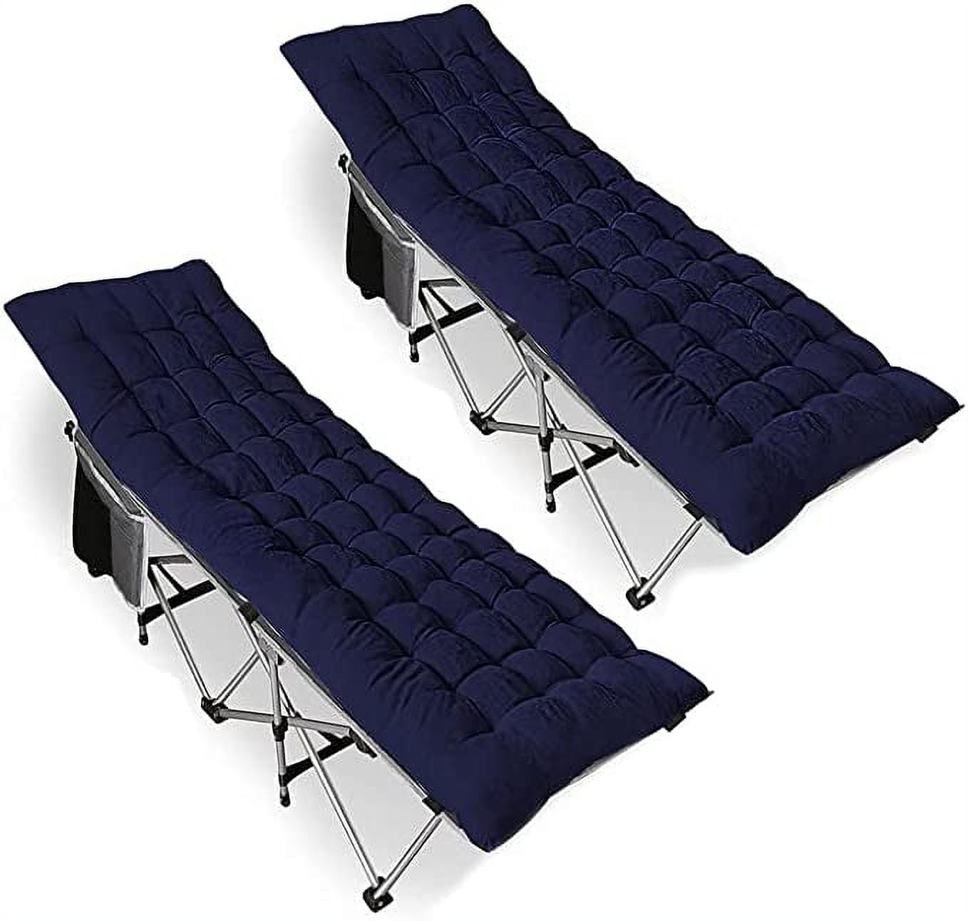 Zone Tech Folding Outdoor Camping Travel Cot and Cot Pad - Classic Navy Blue Lightweight Portable Heavy Duty Adult & Kids Travel Cot w/Large Pocket and Cushion (2-Pack with Blue Mattress)