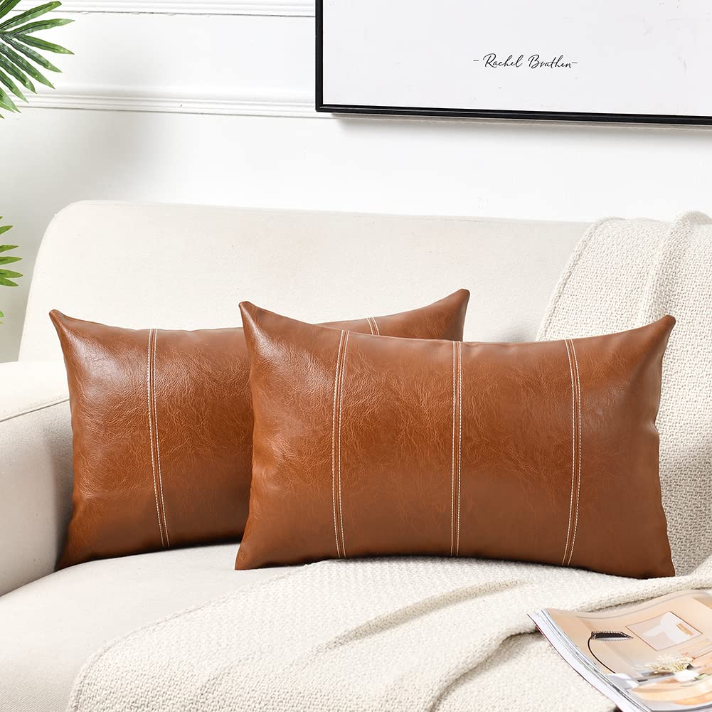 2 Packs Brown Boho Lumbar Faux Leather Decorative Throw Pillow Covers 12x20 Inch