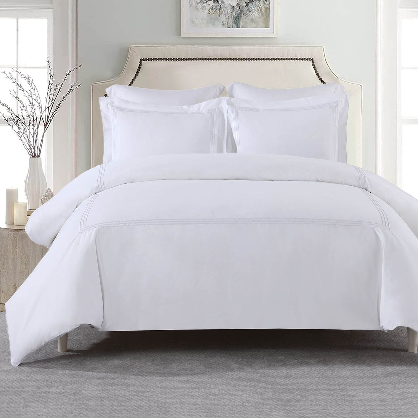 Adeline 100% Cotton Duvet Cover Set (shams included) white with subtle embroidered border detailing