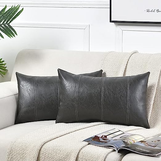 2 Packs Brown Boho Lumbar Faux Leather Decorative Throw Pillow Covers 12x20 Inch