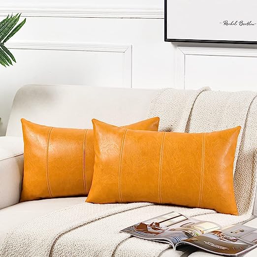 2 Packs Brown Boho Lumbar Faux Leather Decorative Throw Pillow Covers 12x20 Inch