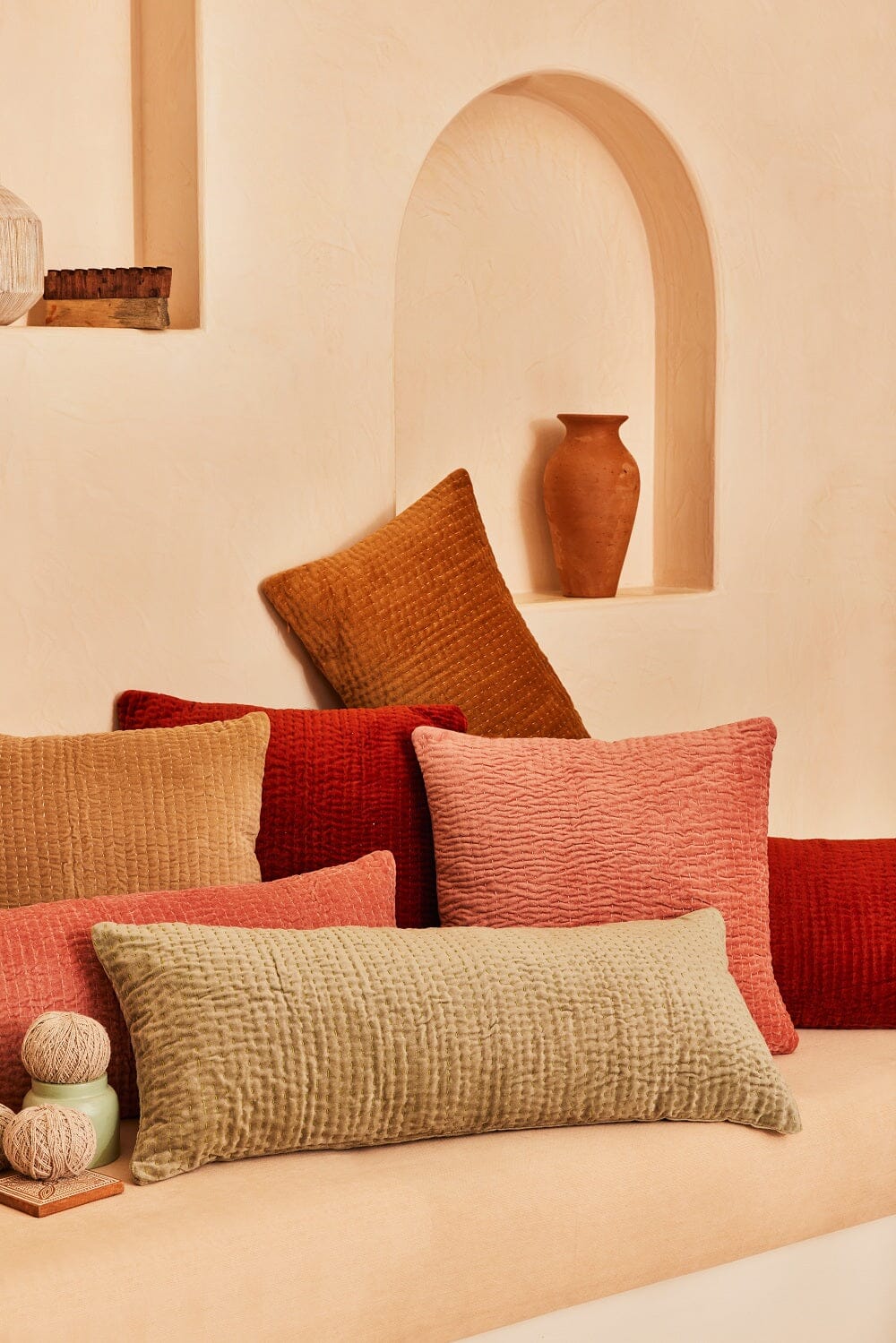 Velvet Kantha Lumbar Pillow - Rust